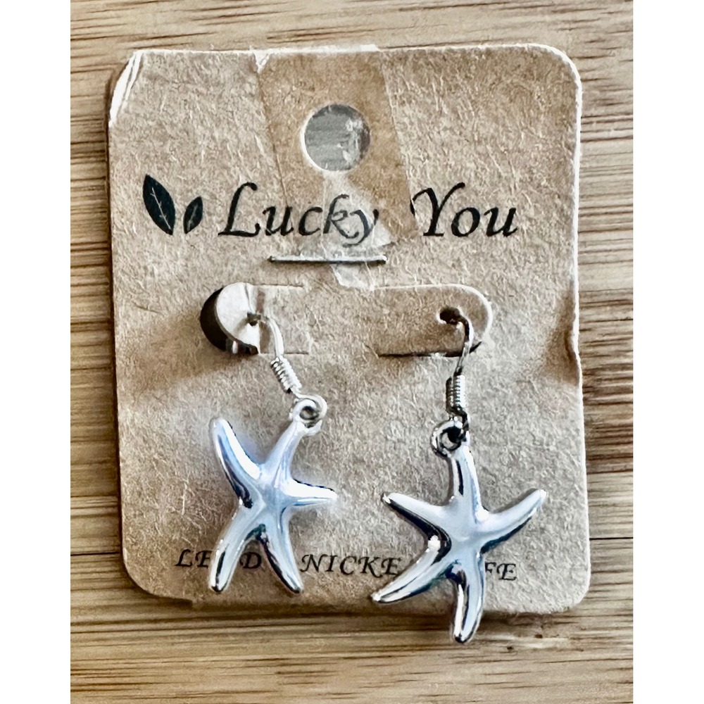 Lucky You Silver Starfish Dangle Earrings Beach Nautical Lead Nickel Safe